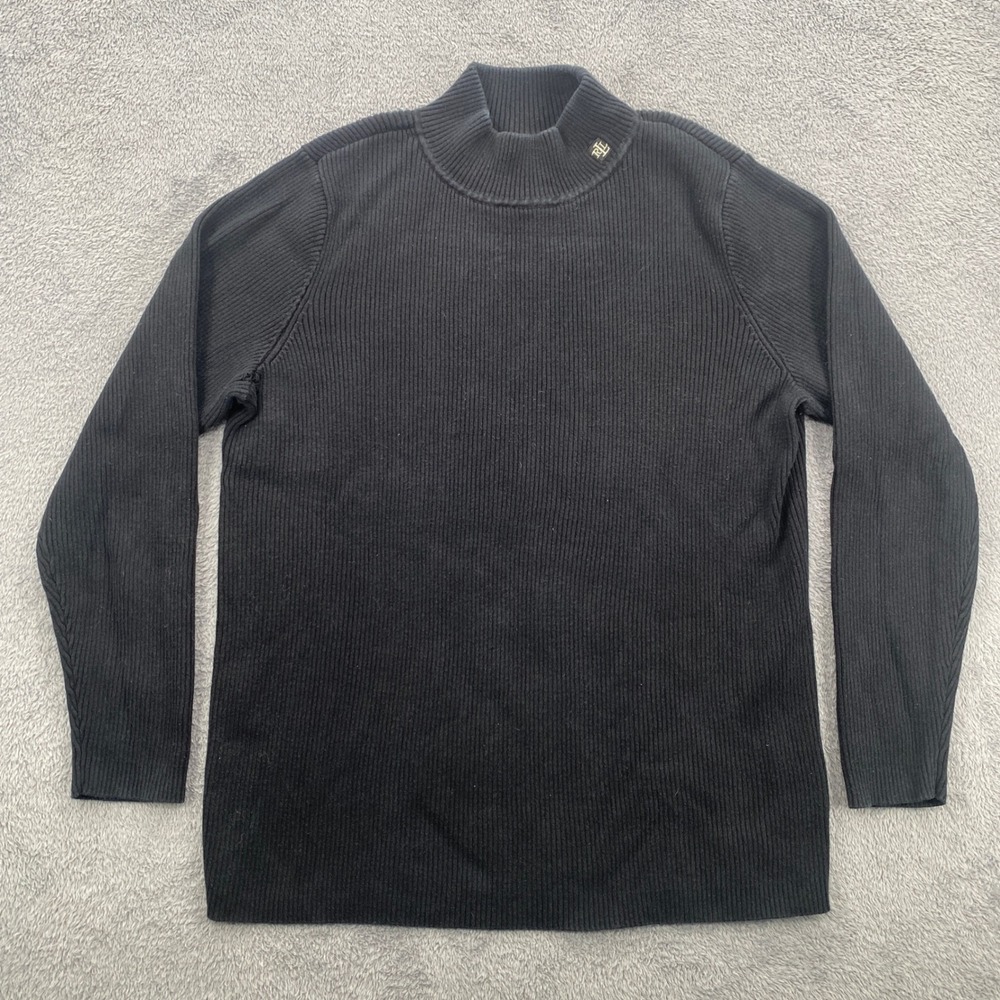 Lauren Ralph Lauren Mock Neck Sweater Womens 1X Black Ribbed Cotton LRL Logo